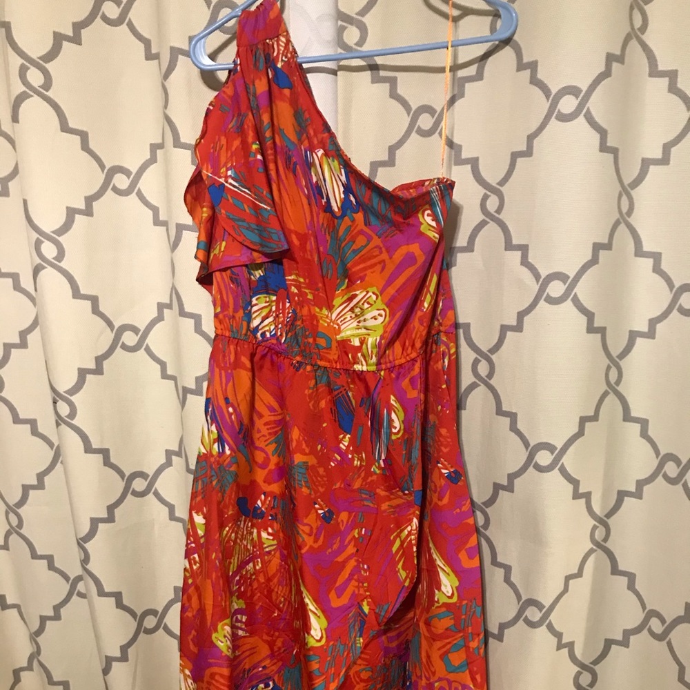 One shoulder fun print red dress